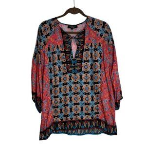 Feathers by Tolani Women's Medium Multicolour Bohemian Top Tunic Tie V-neck